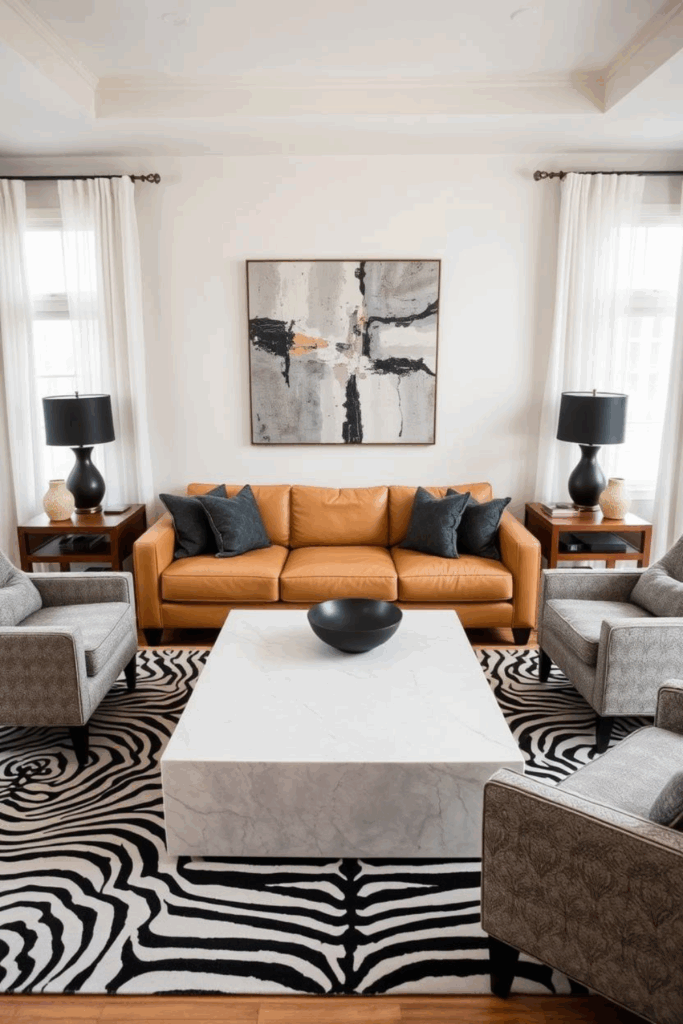Grey and Camel Zebra Print Living Room