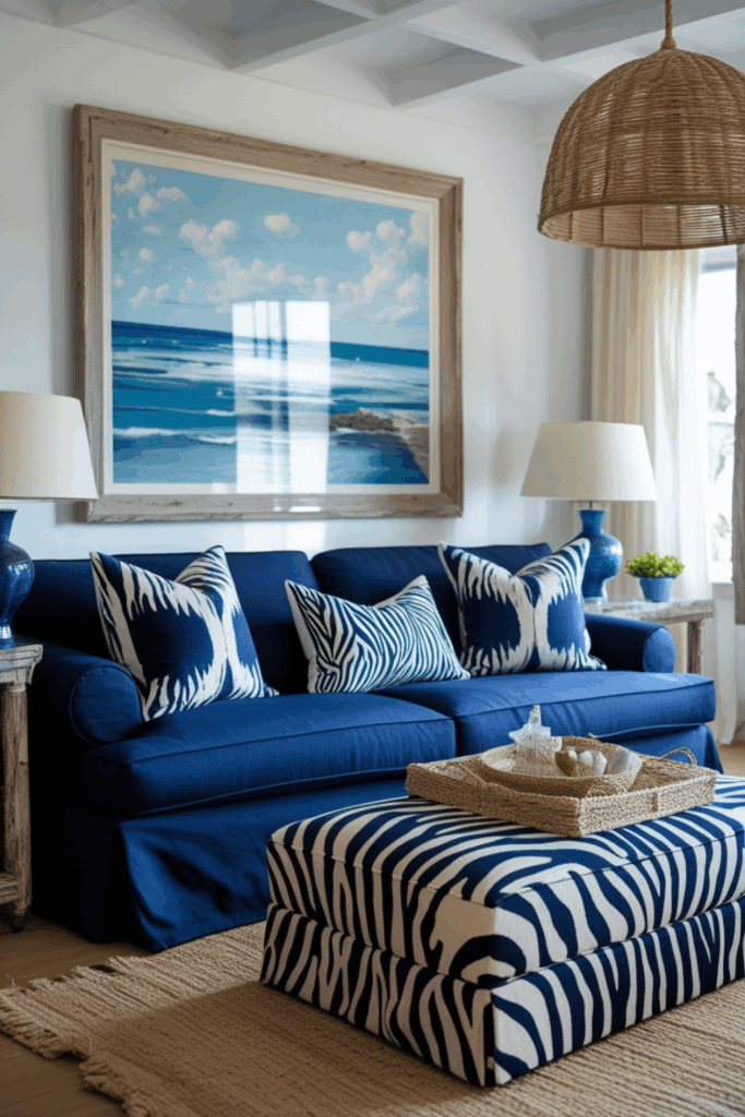 Navy and Zebra Print Coastal Living Room