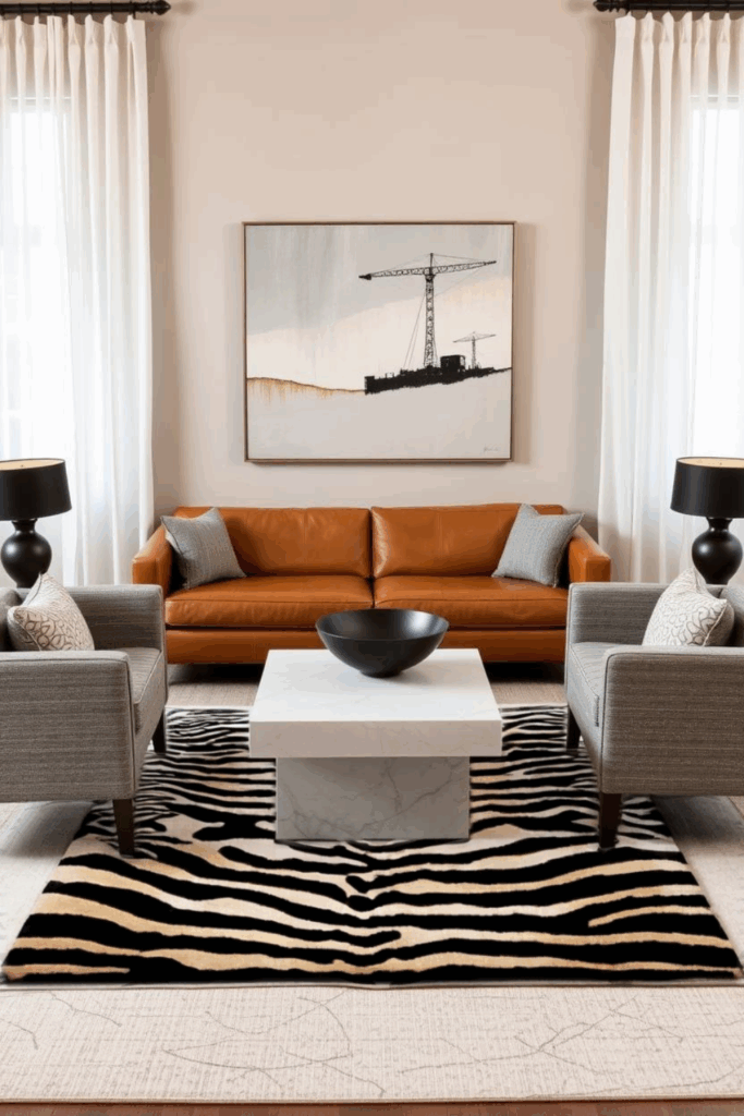 Grey and Camel Zebra Print Living Room
