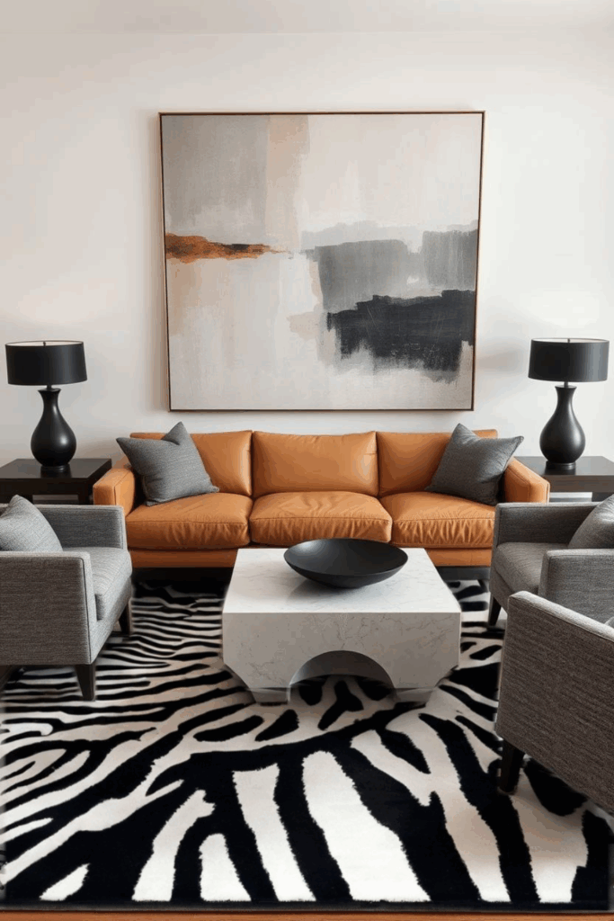 Grey and Camel Zebra Print Living Room