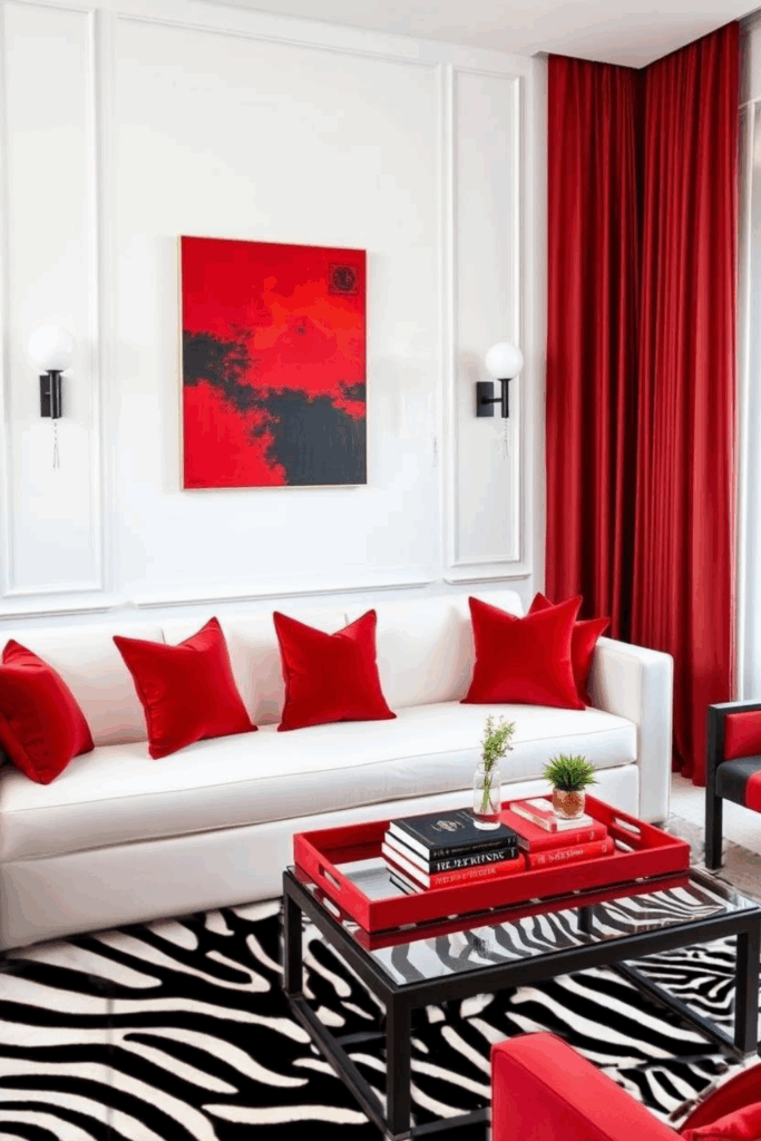 Red and White Zebra Print Living Room