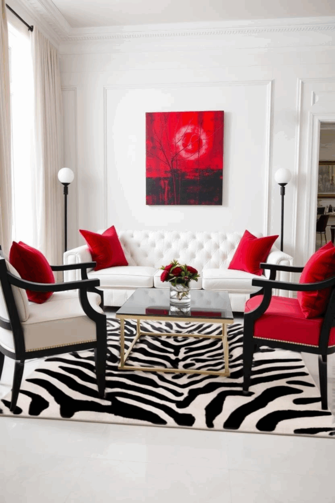 Red and White Zebra Print Living Room