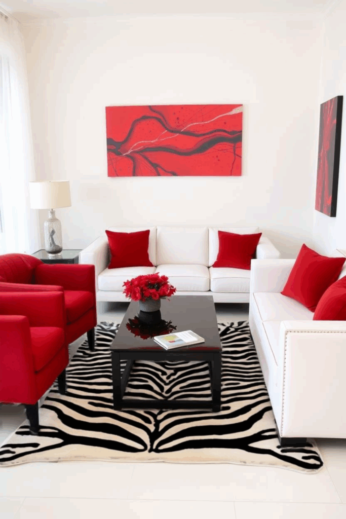 Red and White Zebra Print Living Room