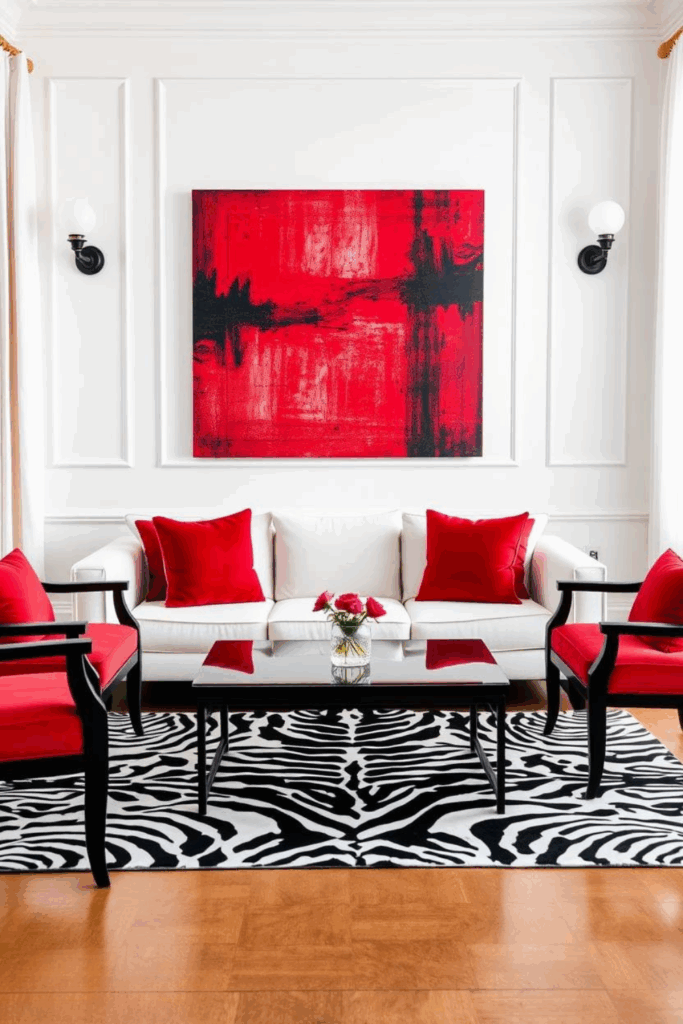 Red and White Zebra Print Living Room