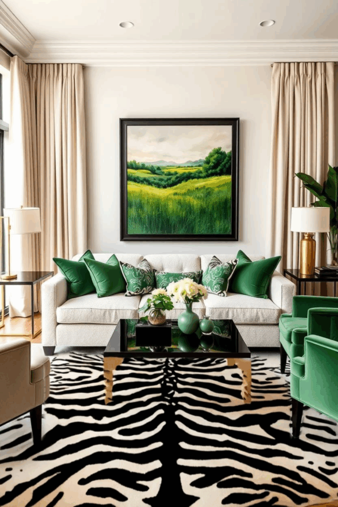 Ivory and Forest Green Zebra Print Living Room