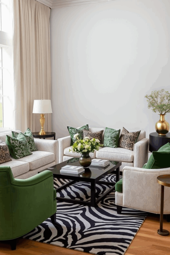 Ivory and Forest Green Zebra Print Living Room
