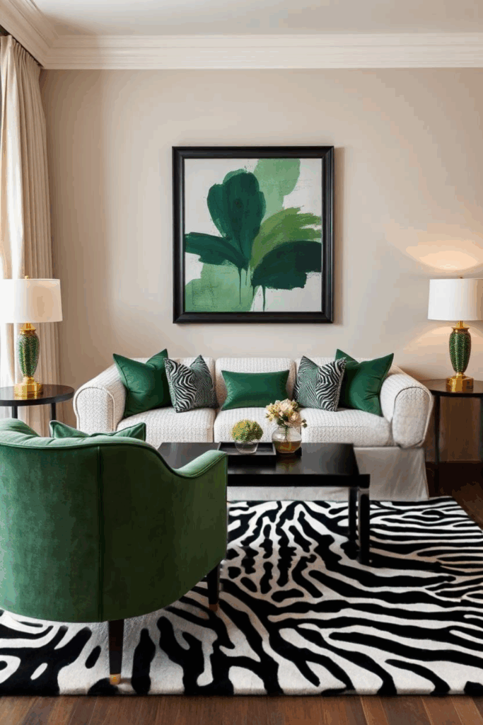 Ivory and Forest Green Zebra Print Living Room