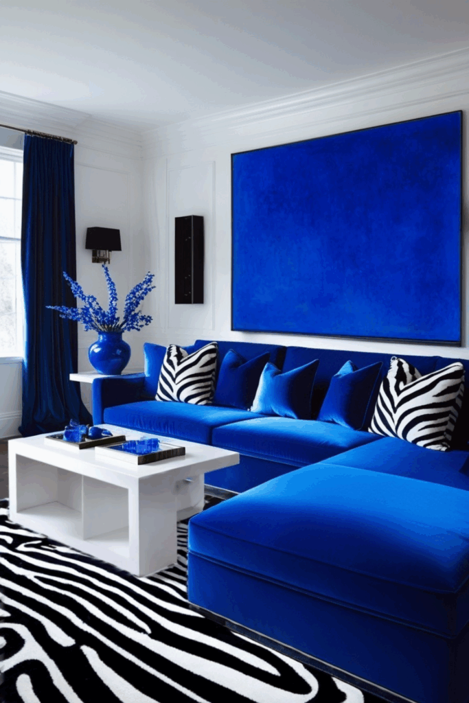 Cobalt Blue Zebra Print Living Room