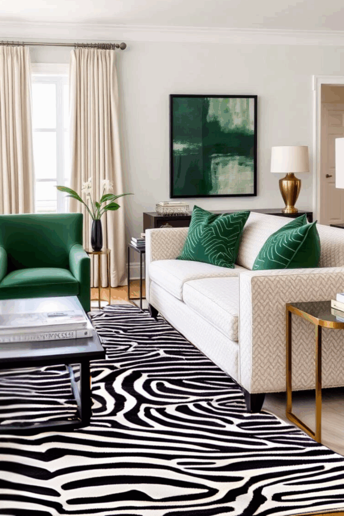 Ivory and Forest Green Zebra Print Living Room