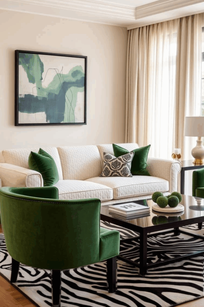 Ivory and Forest Green Zebra Print Living Room