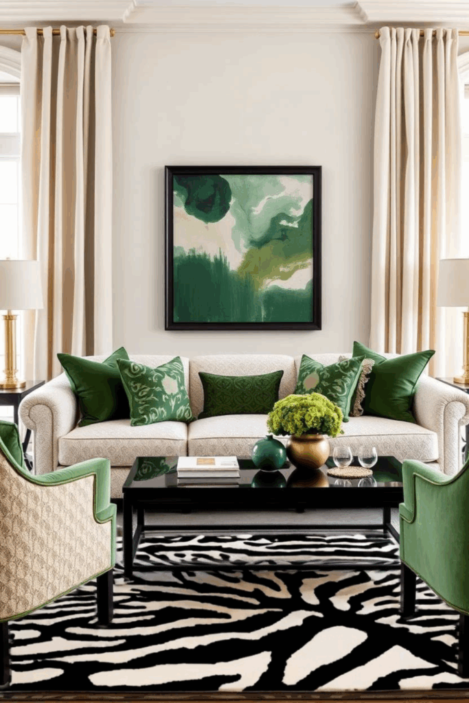 Ivory and Forest Green Zebra Print Living Room