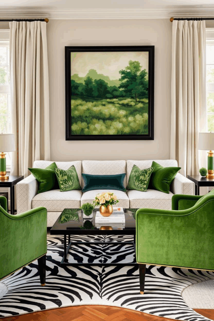 Ivory and Forest Green Zebra Print Living Room