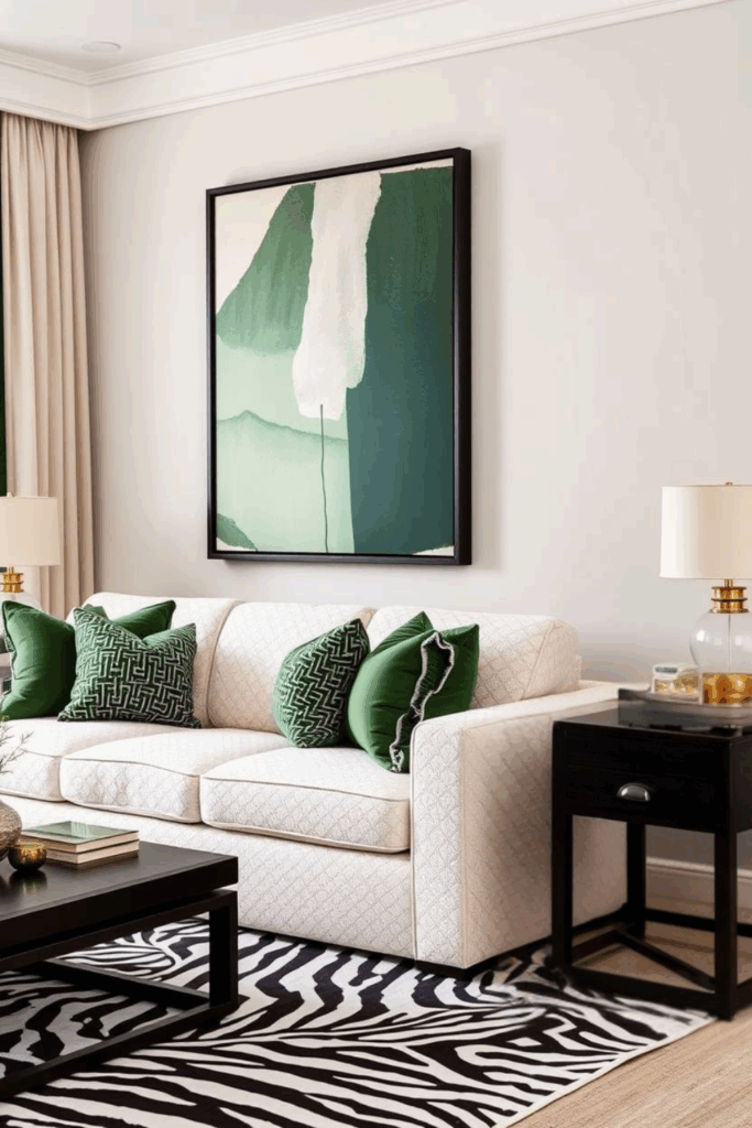 Ivory and Forest Green Zebra Print Living Room