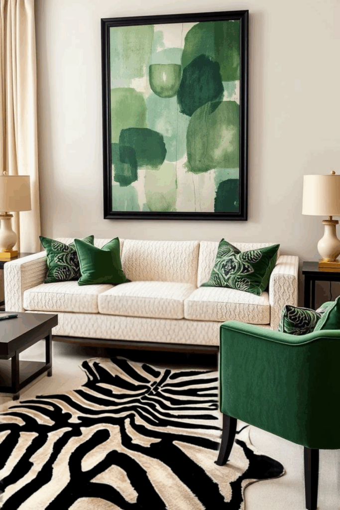 Ivory and Forest Green Zebra Print Living Room
