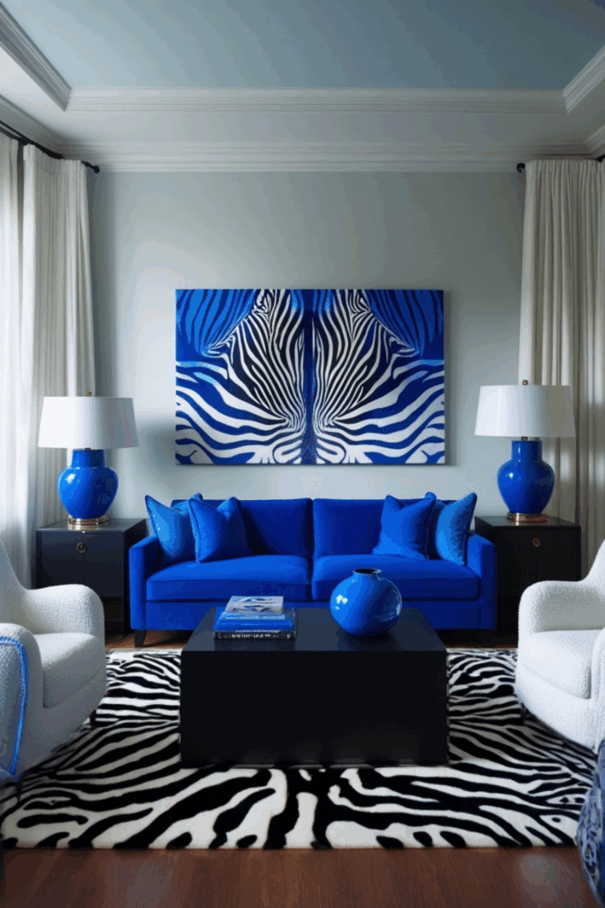 Cobalt Blue Zebra Print Living Room