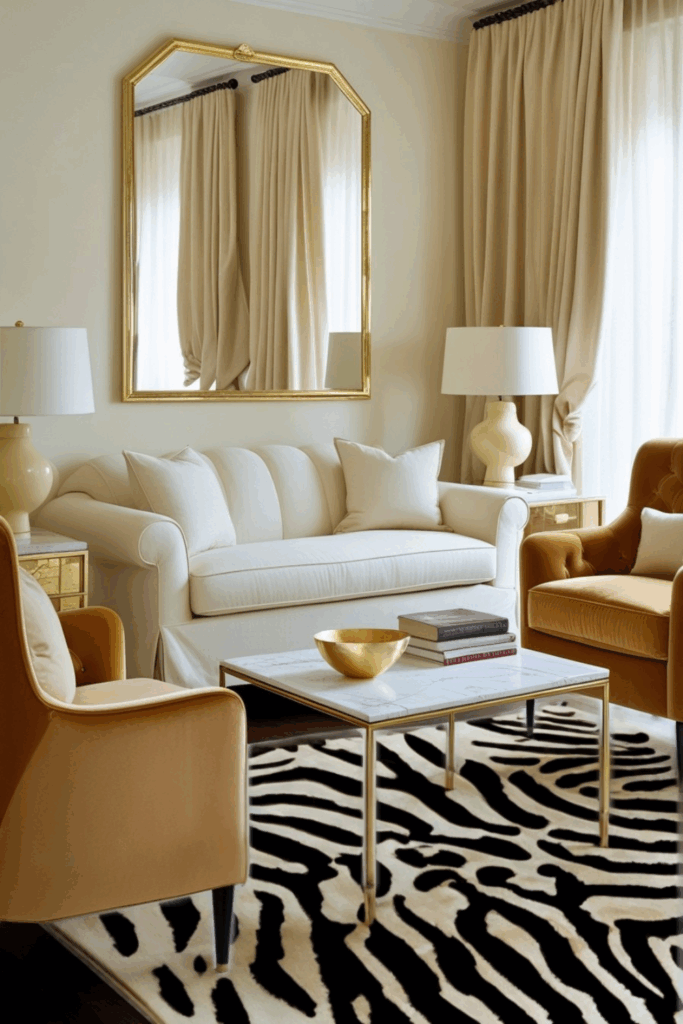 Cream and Gold Zebra Print Living Room