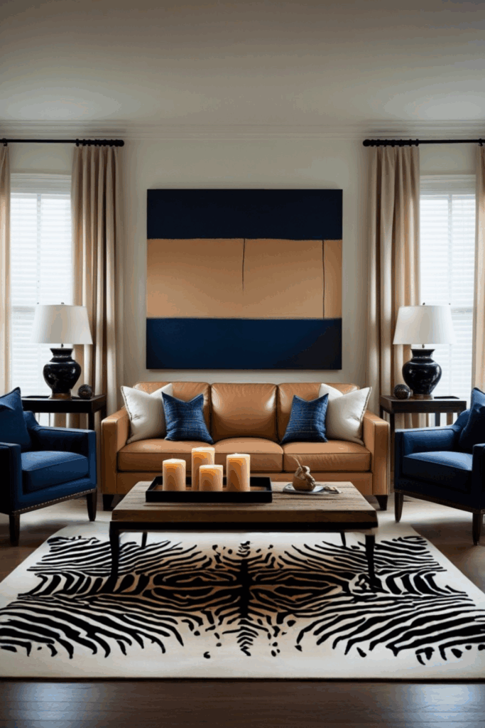 Navy, Tan and Black Zebra Print Living Room