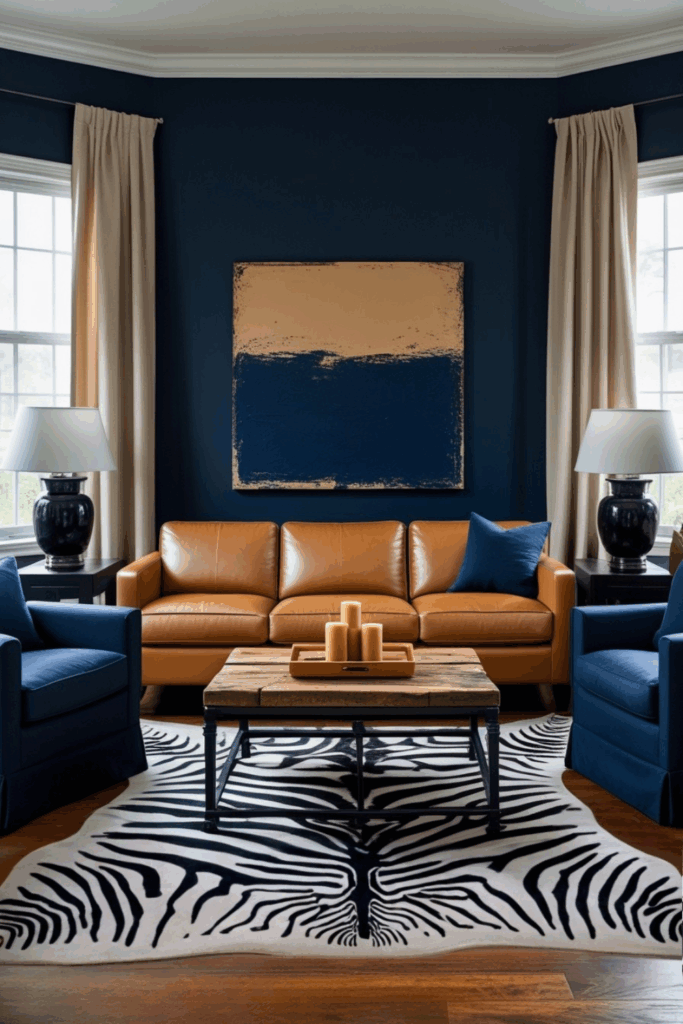 Navy, Tan and Black Zebra Print Living Room