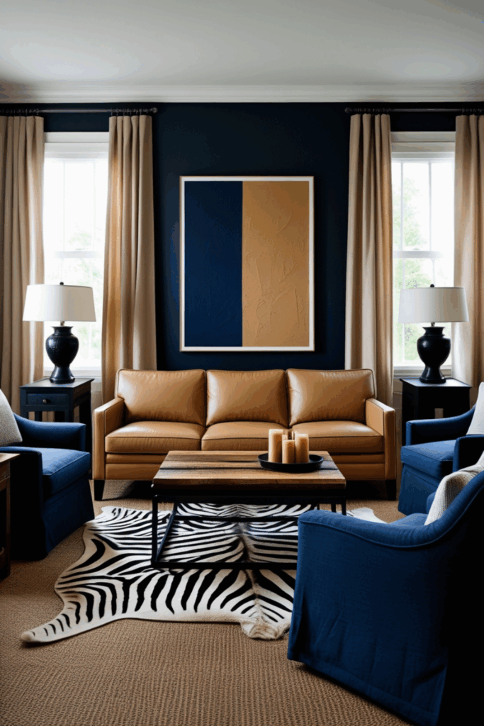Navy, Tan and Black Zebra Print Living Room