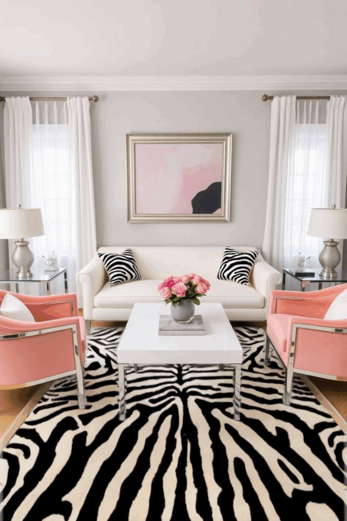 White, Silver, and Blush Zebra Print Living Room