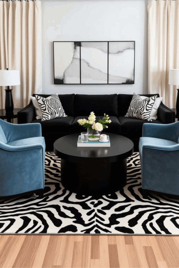 Black, Ivory, and Dusty Blue Zebra Print Living Room