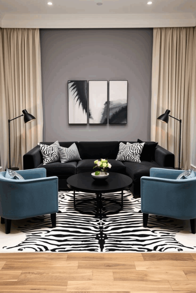 Black, Ivory, and Dusty Blue Zebra Print Living Room