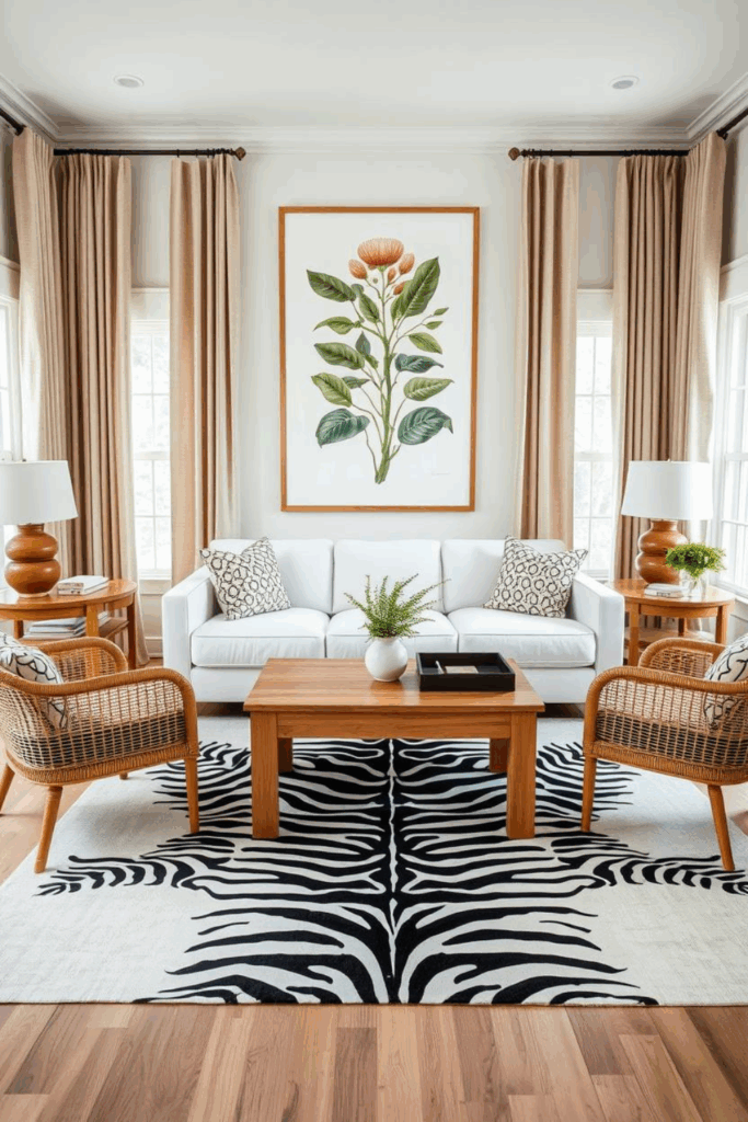 Warm Wood and White Zebra Print Living Room
