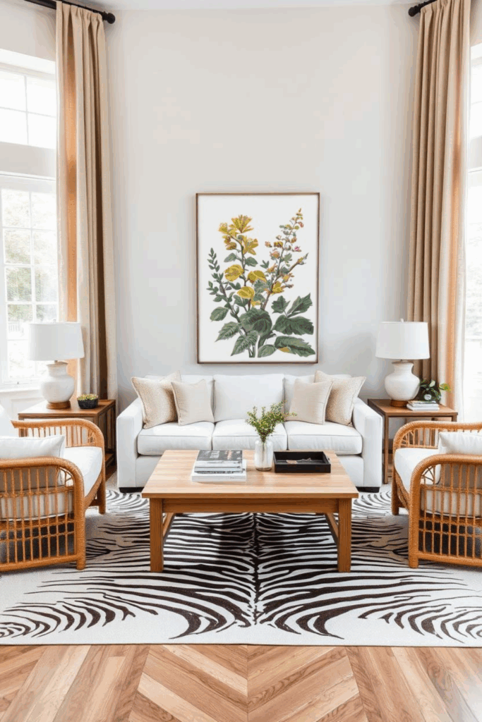 Warm Wood and White Zebra Print Living Room