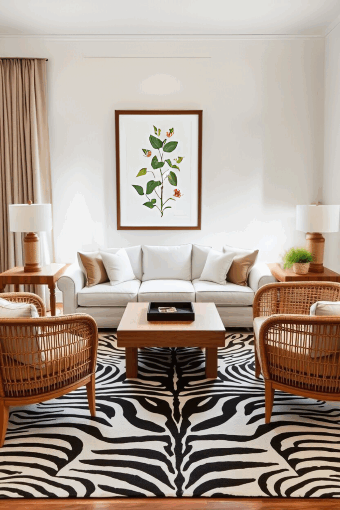 Warm Wood and White Zebra Print Living Room