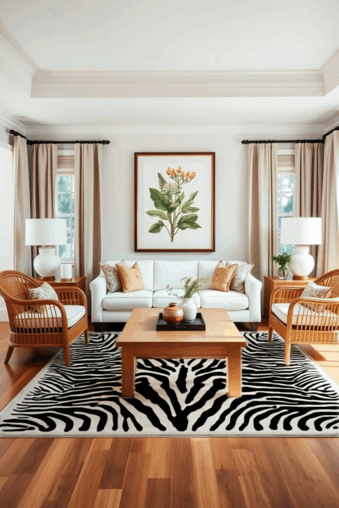 Warm Wood and White Zebra Print Living Room