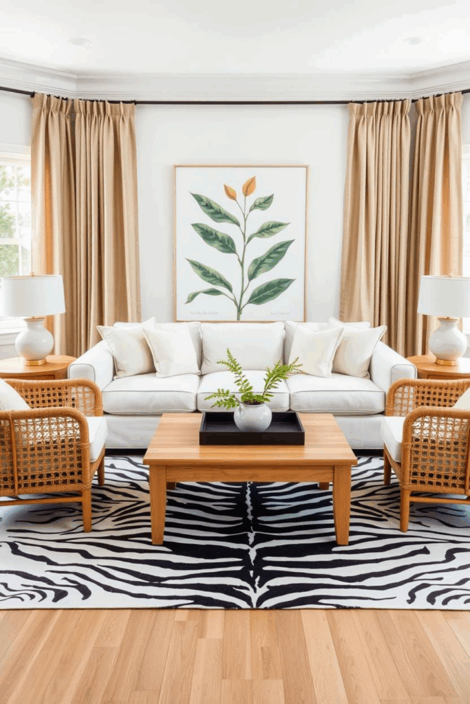 Warm Wood and White Zebra Print Living Room