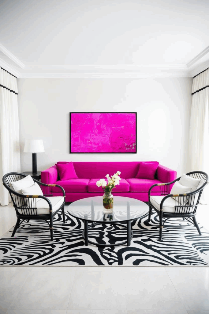 Bold Fuchsia and Black Zebra Print Living Room