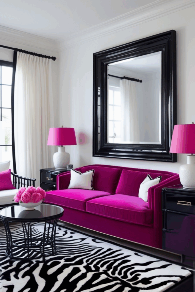 Bold Fuchsia and Black Zebra Print Living Room