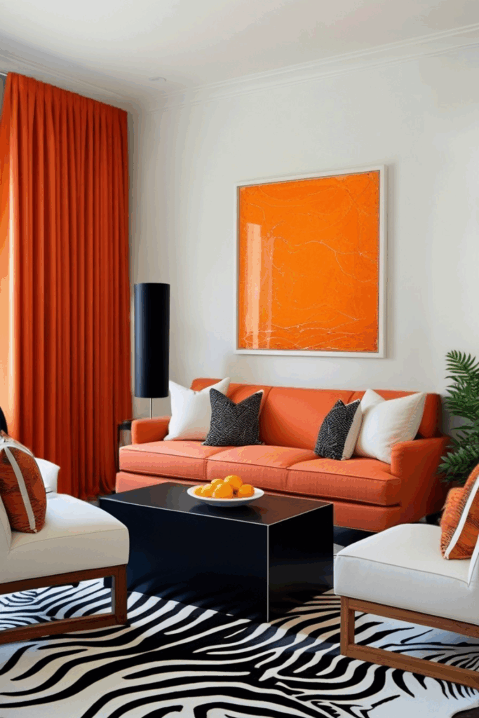 Tangerine and Ivory Zebra Print Living Room