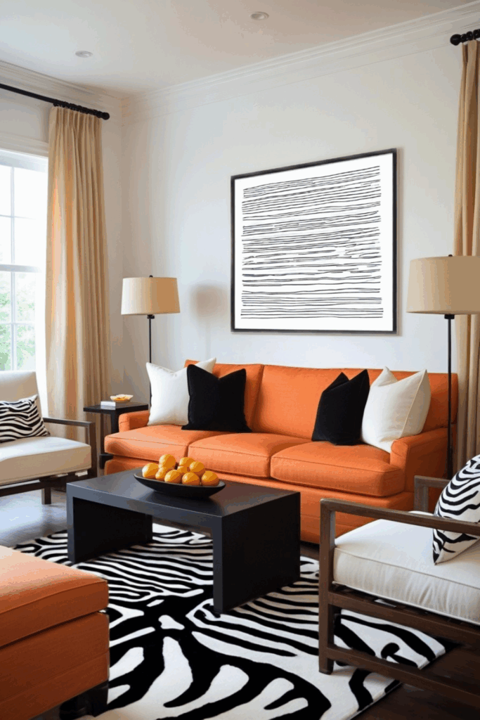 Tangerine and Ivory Zebra Print Living Room