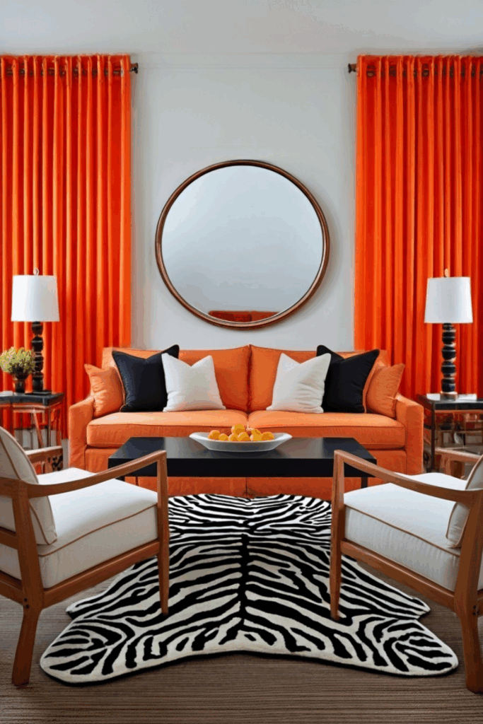 Tangerine and Ivory Zebra Print Living Room