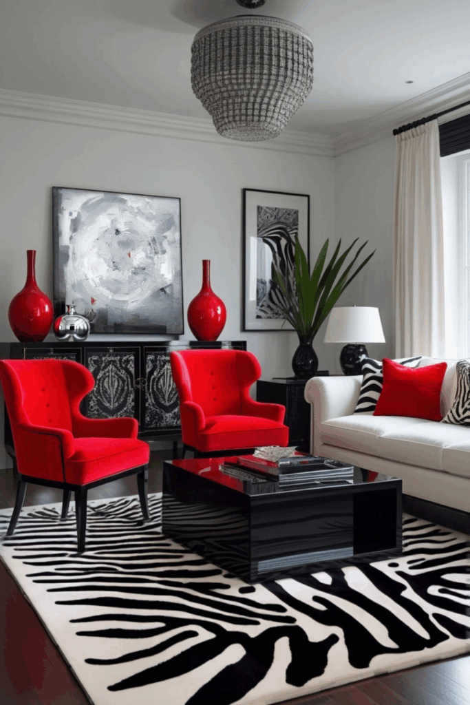 Black, White, and Red Zebra Print Living Room
