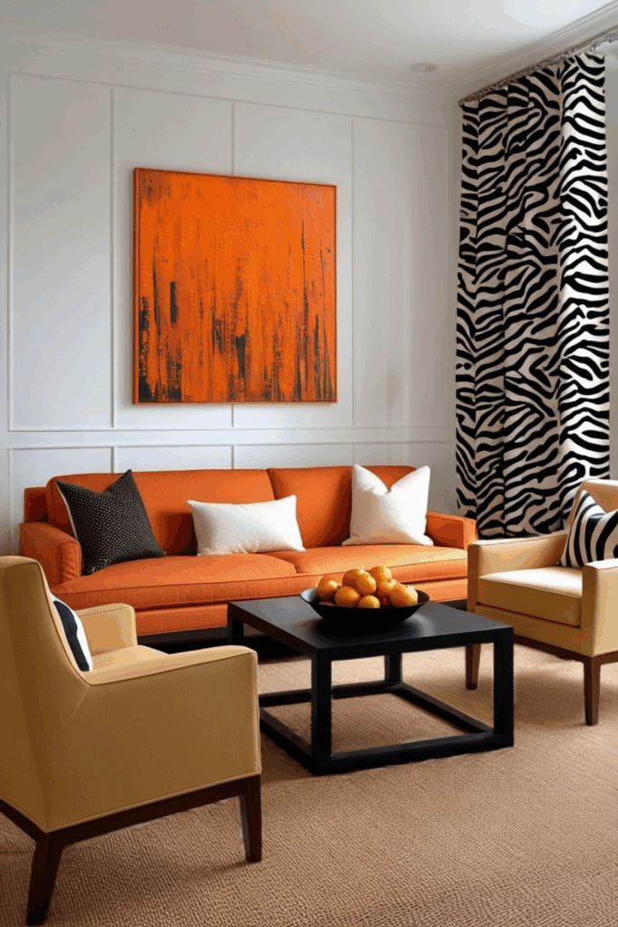 Tangerine and Ivory Zebra Print Living Room