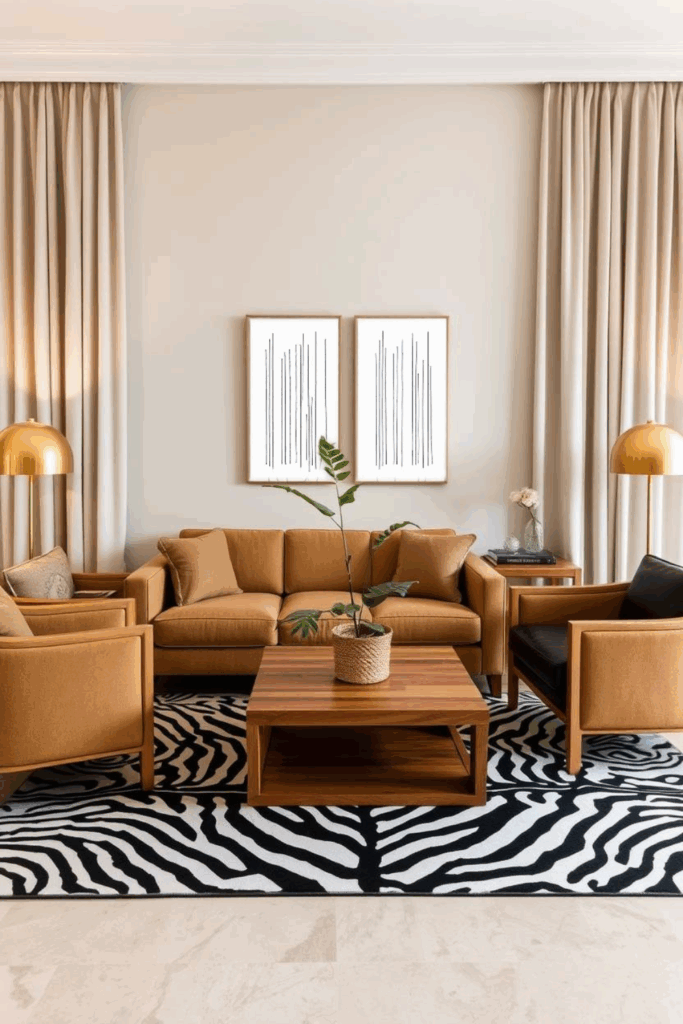 Tan and Gold Zebra Print Living Room