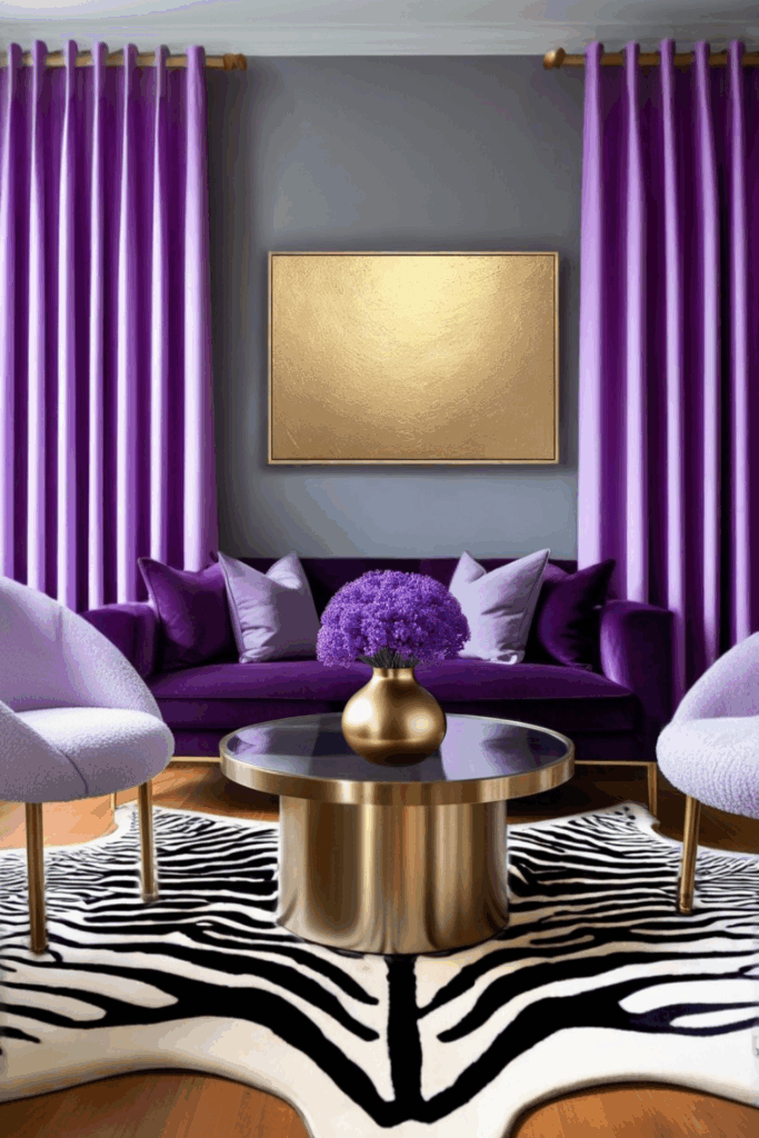 Purple and White Zebra Print Living Room