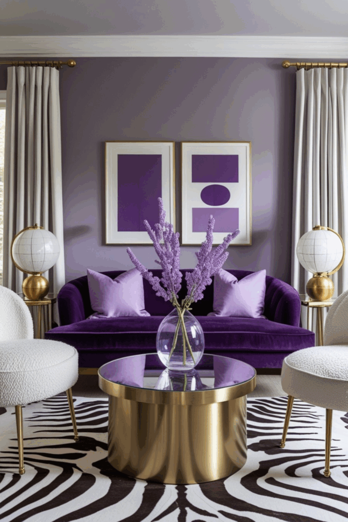 Purple and White Zebra Print Living Room