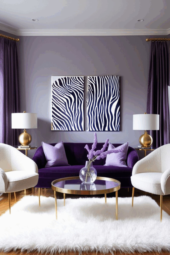 Purple and White Zebra Print Living Room
