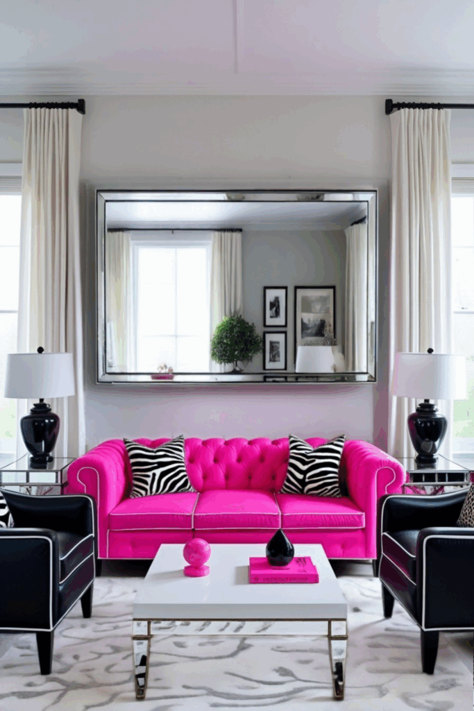 Hot Pink and Black Zebra Print Living Room