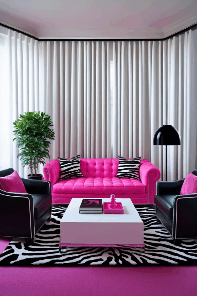 Hot Pink and Black Zebra Print Living Room