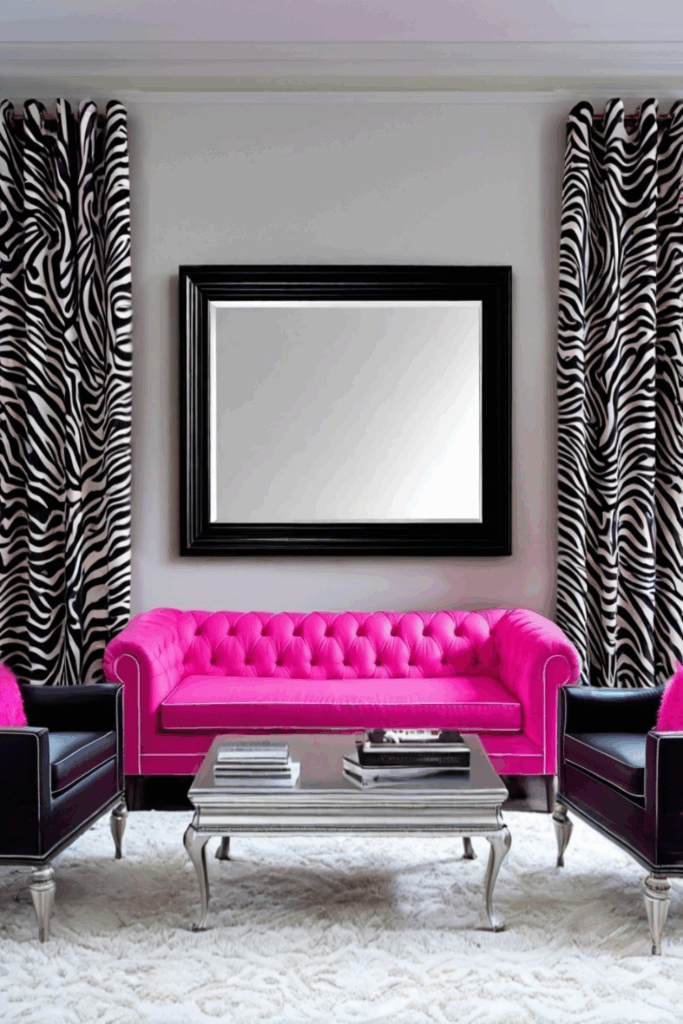 Hot Pink and Black Zebra Print Living Room