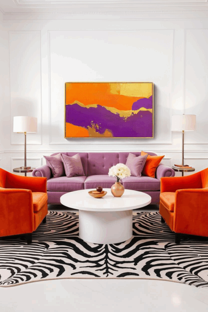 Orange and Lilac Zebra Print Living Room
