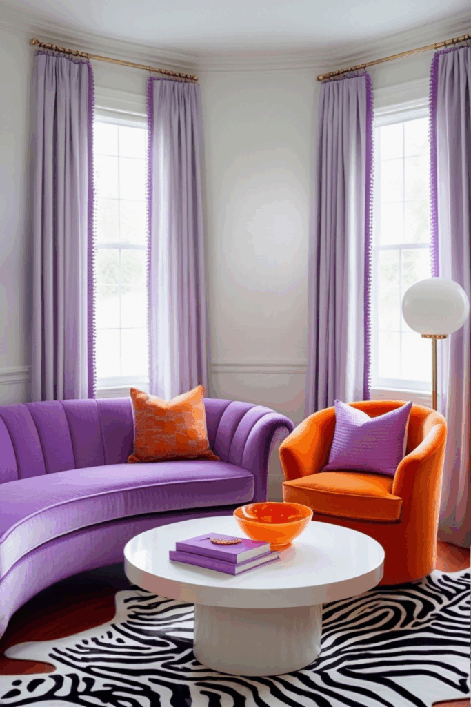 Orange and Lilac Zebra Print Living Room