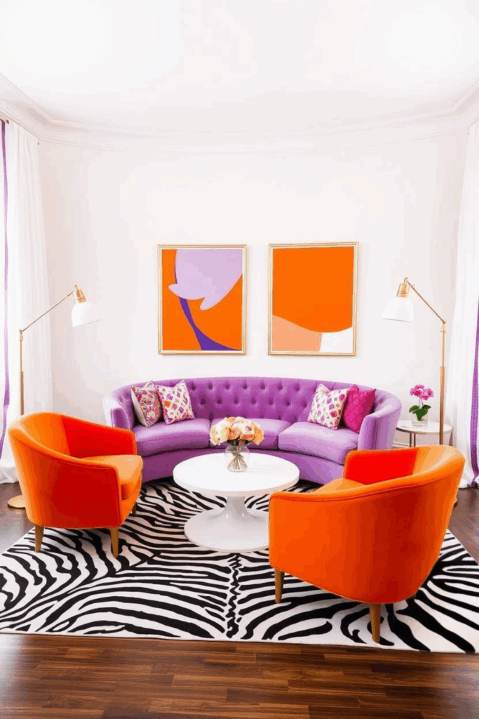 Orange and Lilac Zebra Print Living Room