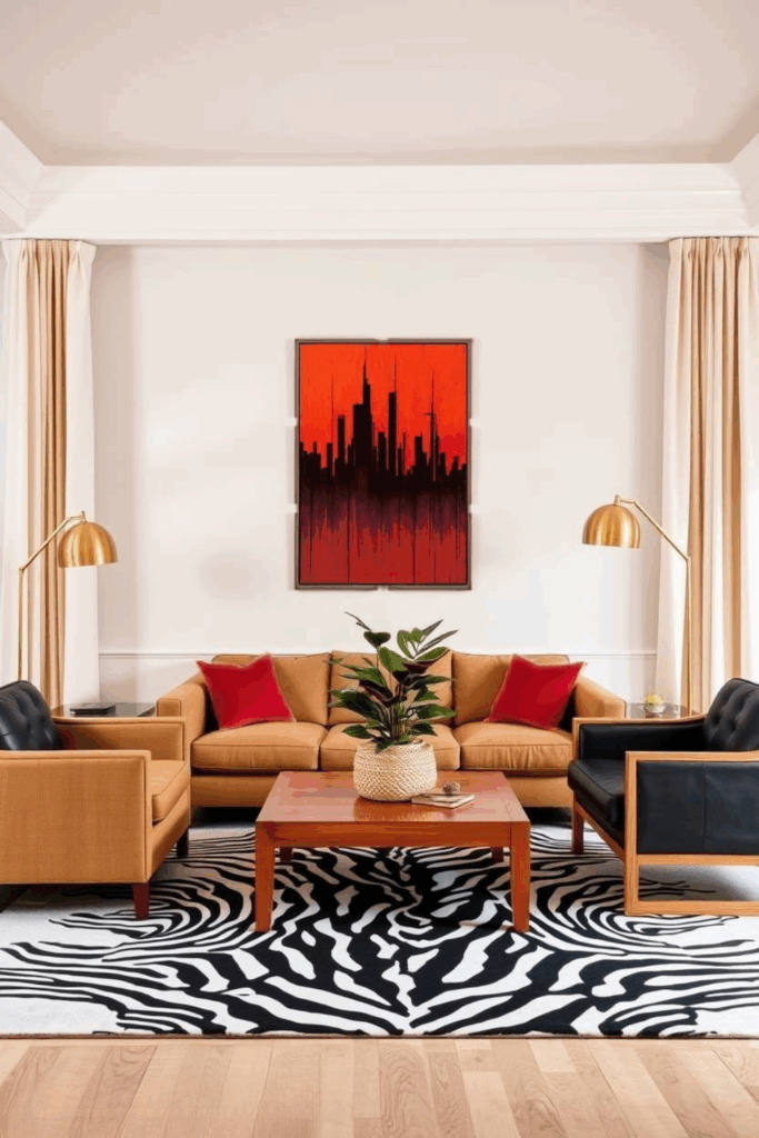Tan and Gold Zebra Print Living Room