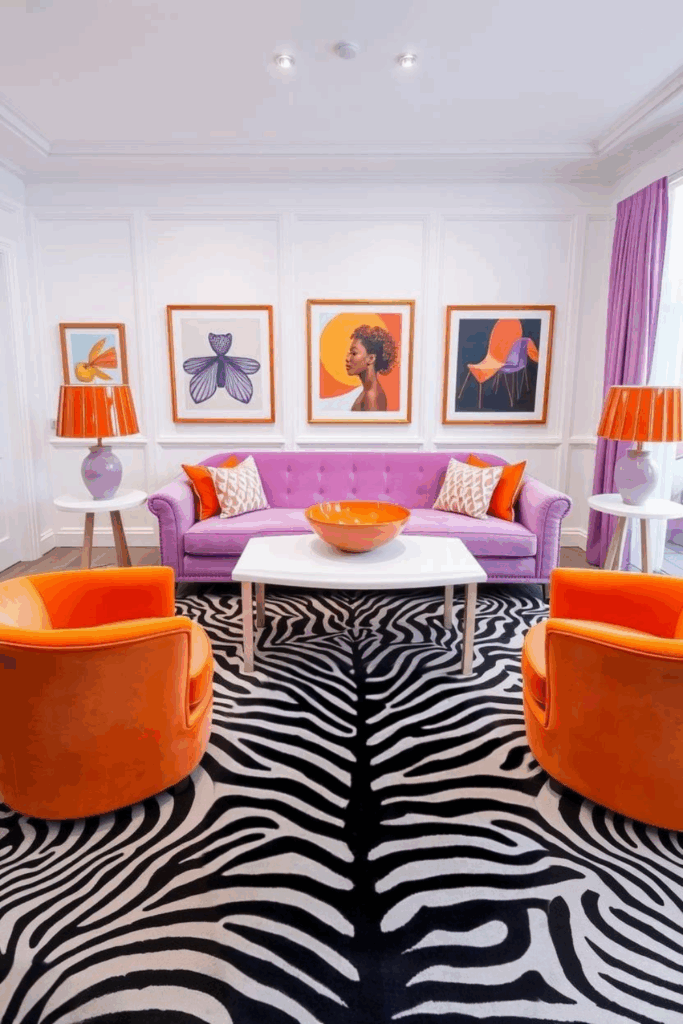 Orange and Lilac Zebra Print Living Room